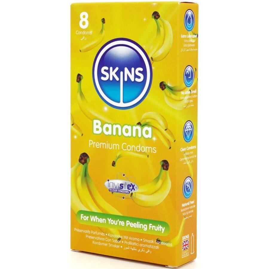 Verpackung mit 8 Kondomen. Gelbe Schachtel mit Bananen-Motiven und dem Logo SKINS. Aufschrift: Banana Premium Condoms.