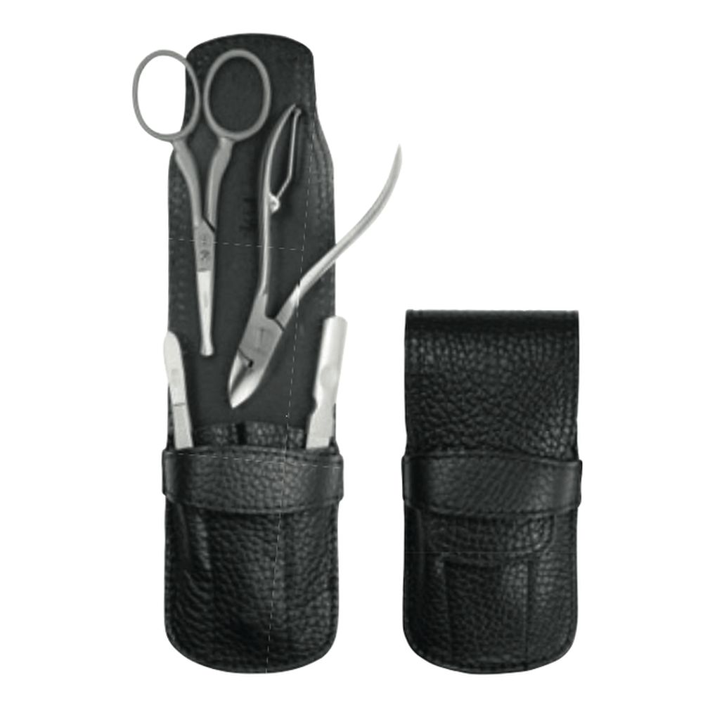 Schwarzes Maniküre-Set mit Etui. Enthält Schere, Nagelknipser, Feile und weitere Werkzeuge. Lederoptik. Einzelne Werkzeuge in einem Etui.