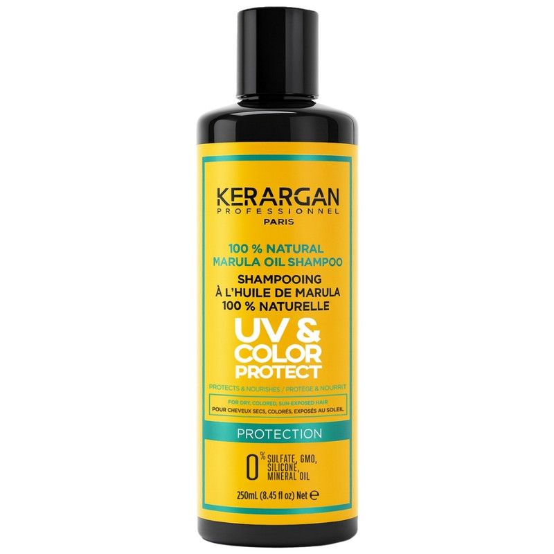 Schwarze Flasche mit gelbem Etikett. Aufschrift: Kerargan, UV & Color Protect Shampoo mit Marulaöl. 250ml.