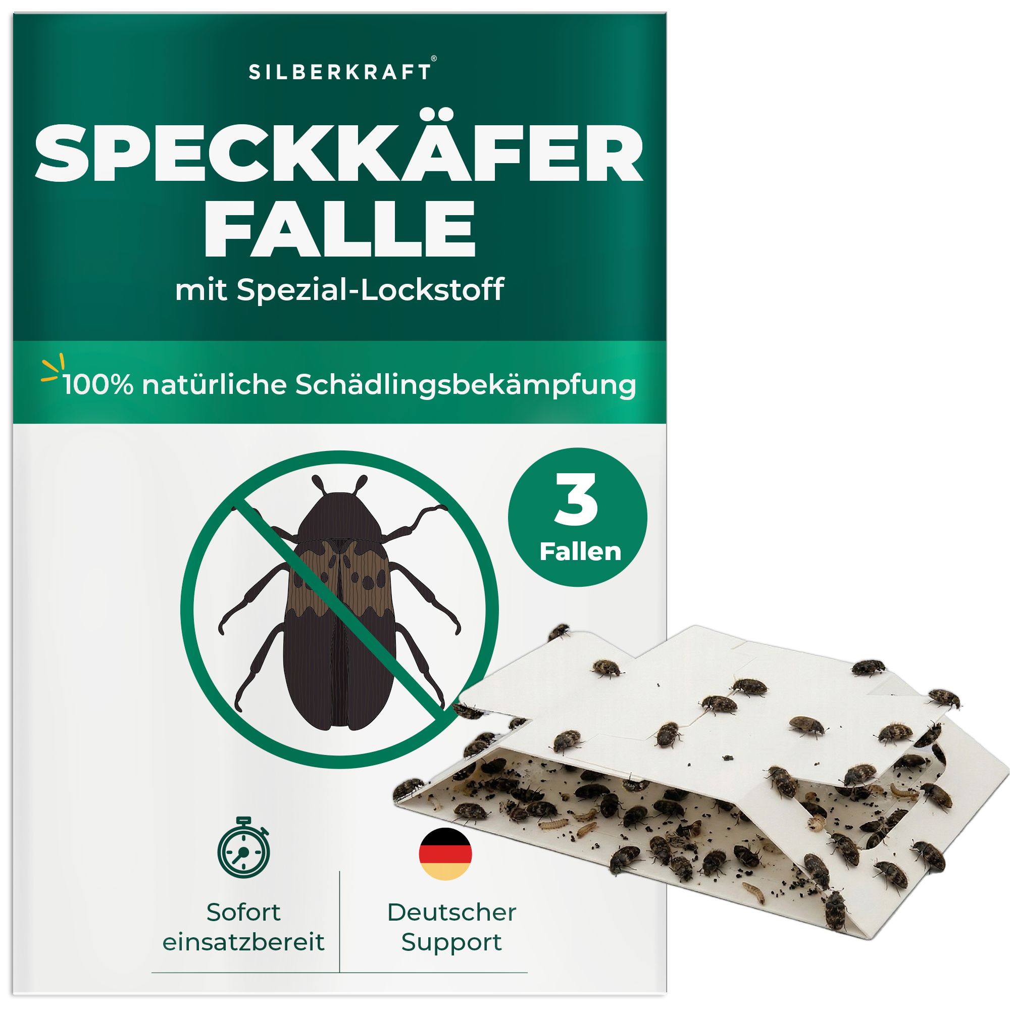 Verpackung mit Produkt und Insektenfalle. Text: SILBERKRAFT, SPECKKÄFER-FALLE mit Spezial-Lockstoff, 3 Fallen, sofort einsatzbereit.