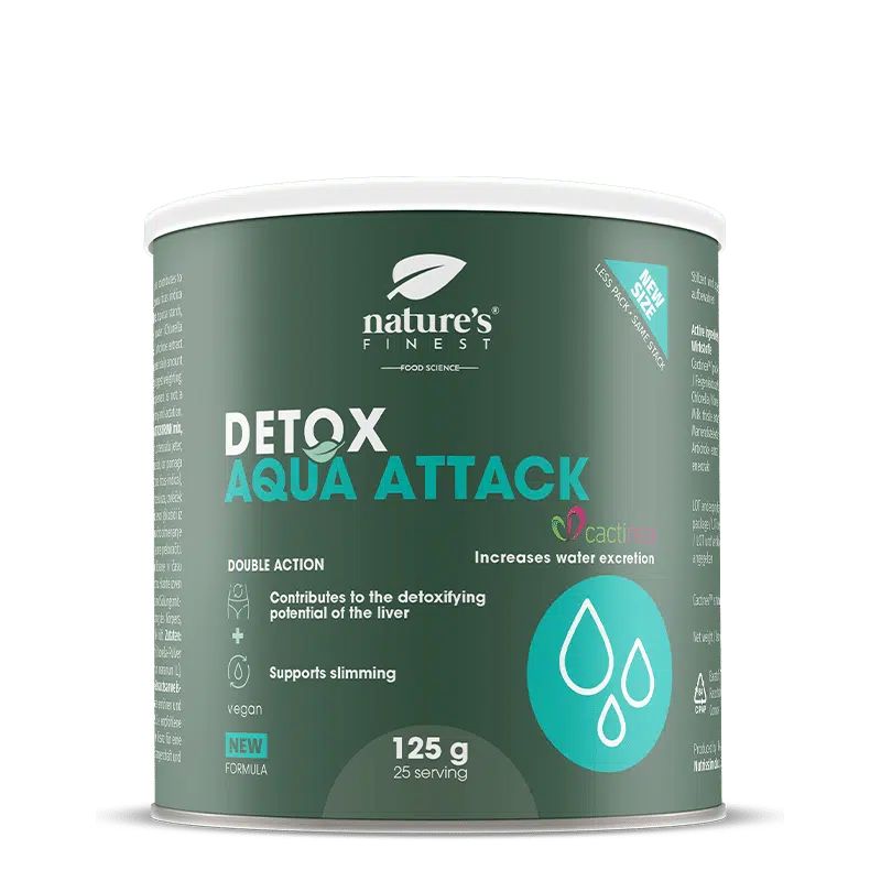 Dose Detox Aqua Attack mit Aufschriften 'New Size' und 'New Formula'.