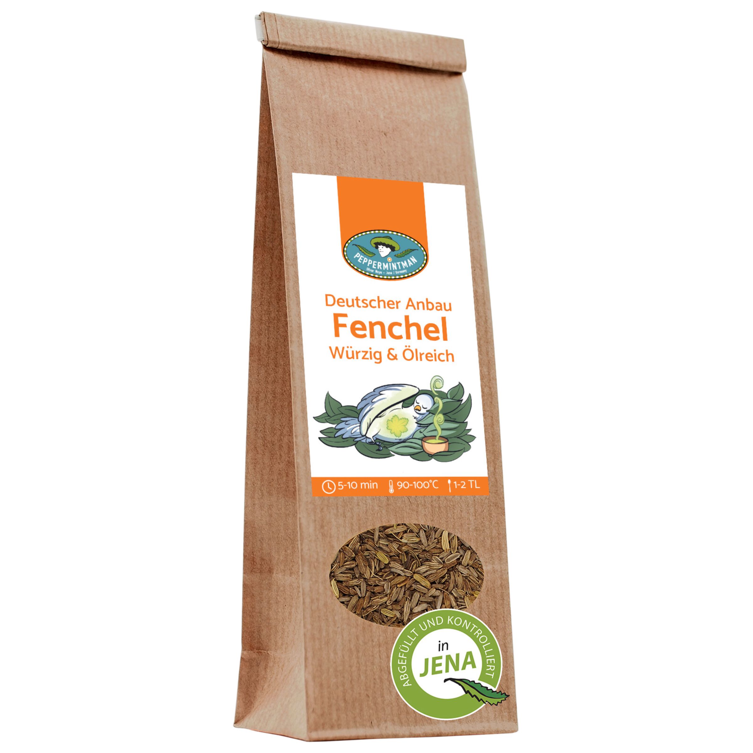 Braune Papiertüte mit Fenchelsamen. Aufkleber mit Produktname, Logo und Zubereitungshinweisen. Siegel 'Abgefüllt und kontrolliert in Jena'.