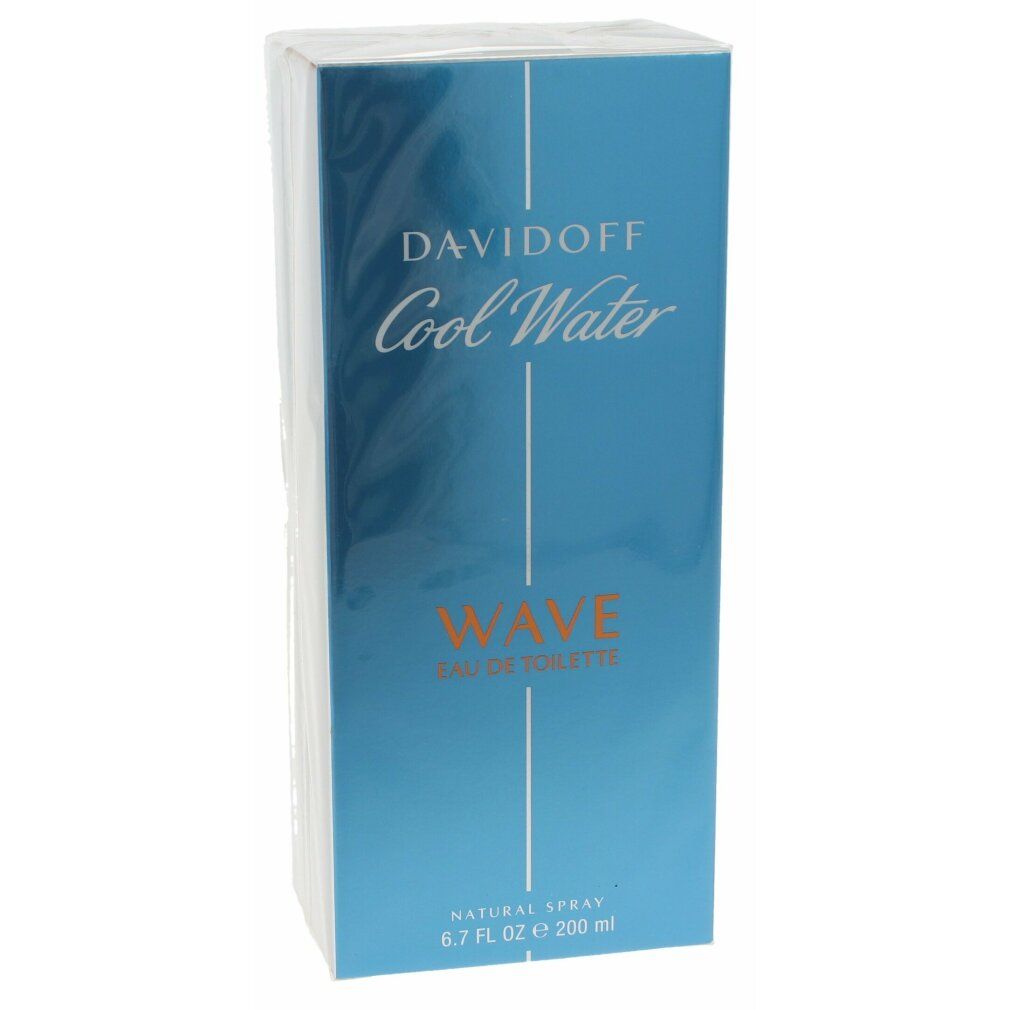 Blau-weiß verpacktes Eau de Toilette. Aufschrift: Davidoff Cool Water Wave, Wave Eau de Toilette, Natural Spray, 6.7 FL OZ 200 ml.