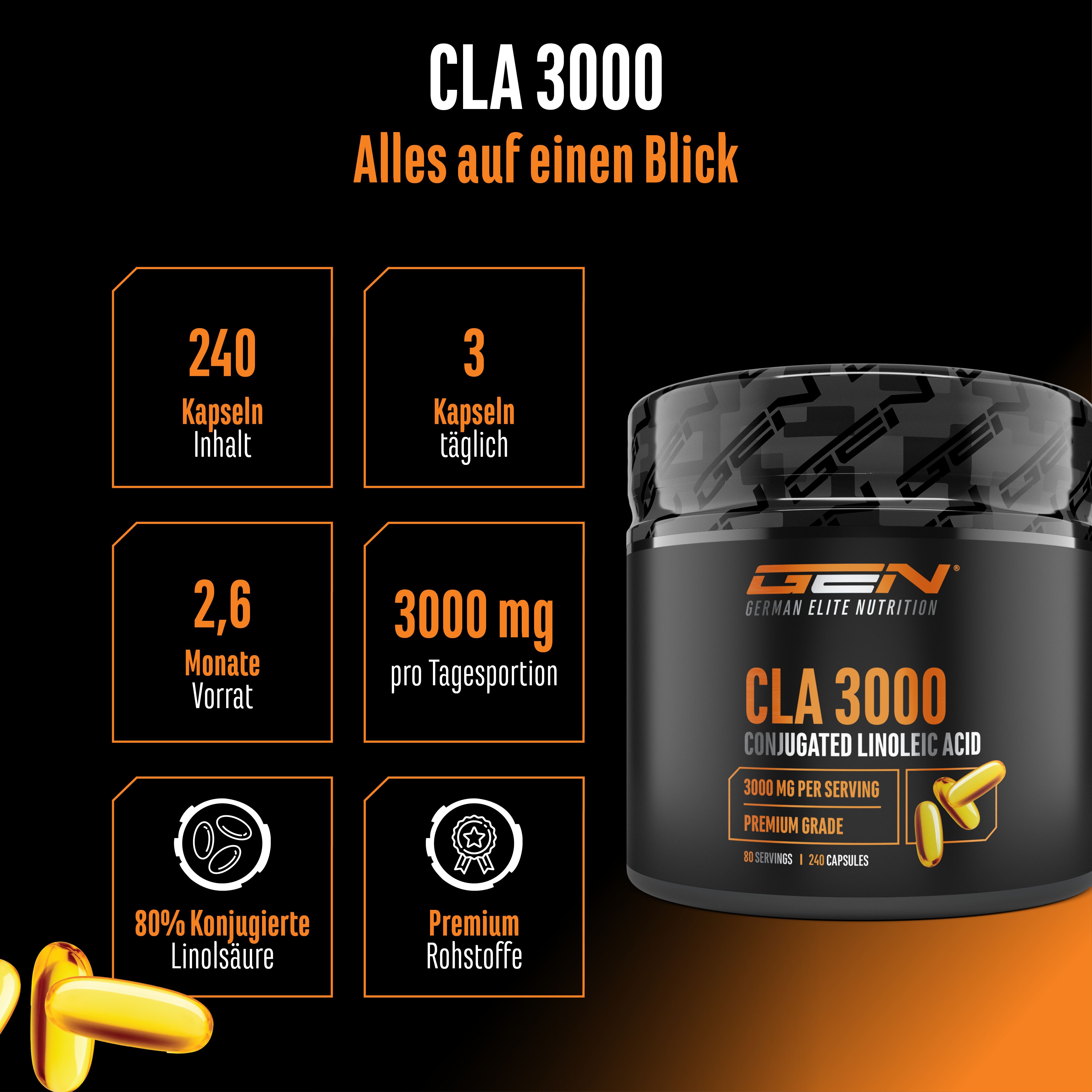 Schwarze Dose mit CLA 3000 Kapseln. Enthält 240 Kapseln, 3 Kapseln täglich, 2,6 Monate Vorrat. 3000 mg pro Tagesportion. Premium Rohstoffe.