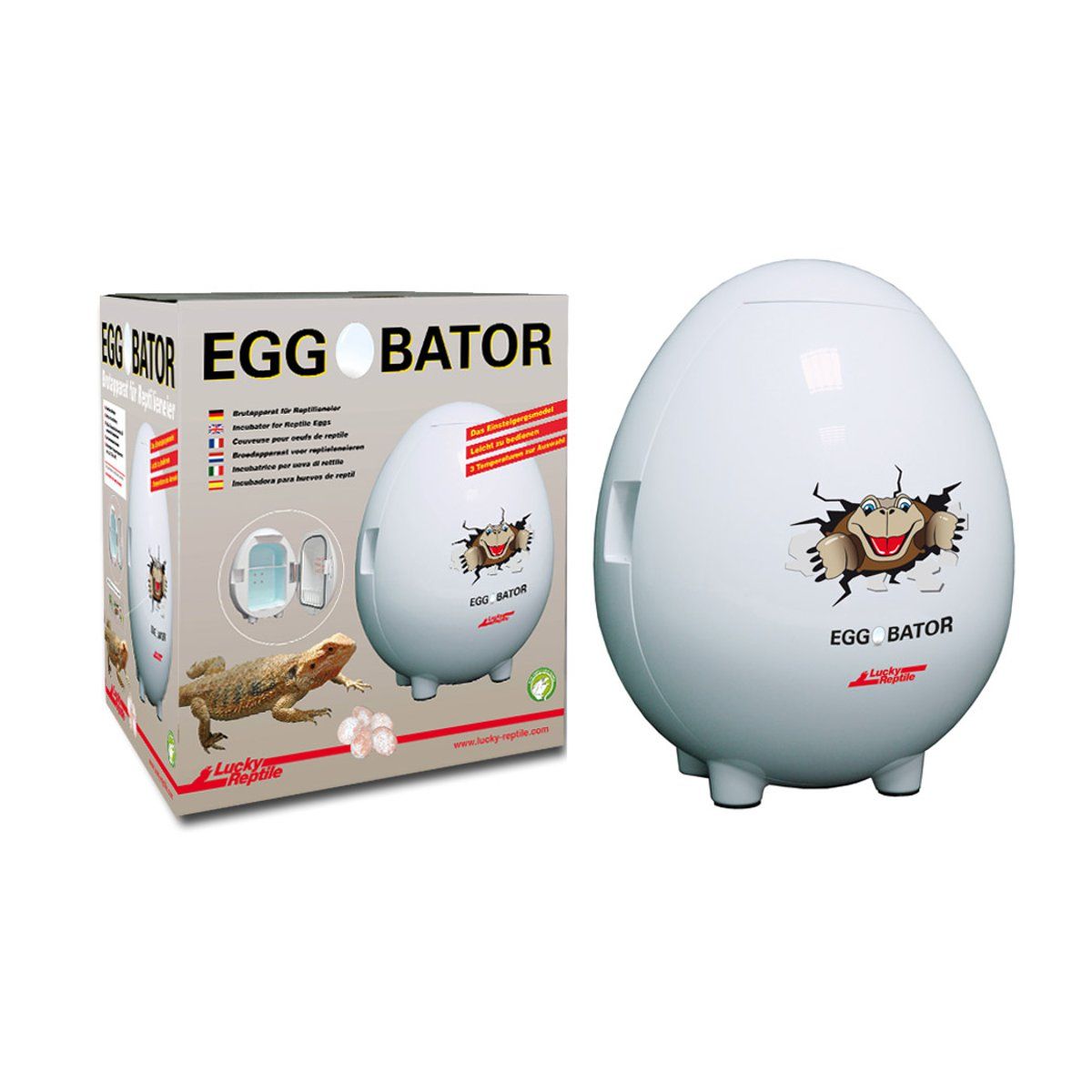 Eiförmiger Brutapparat, weiß, mit Aufdruck und Verpackung. Aufschrift: EGG BATOR, Lucky Reptile.