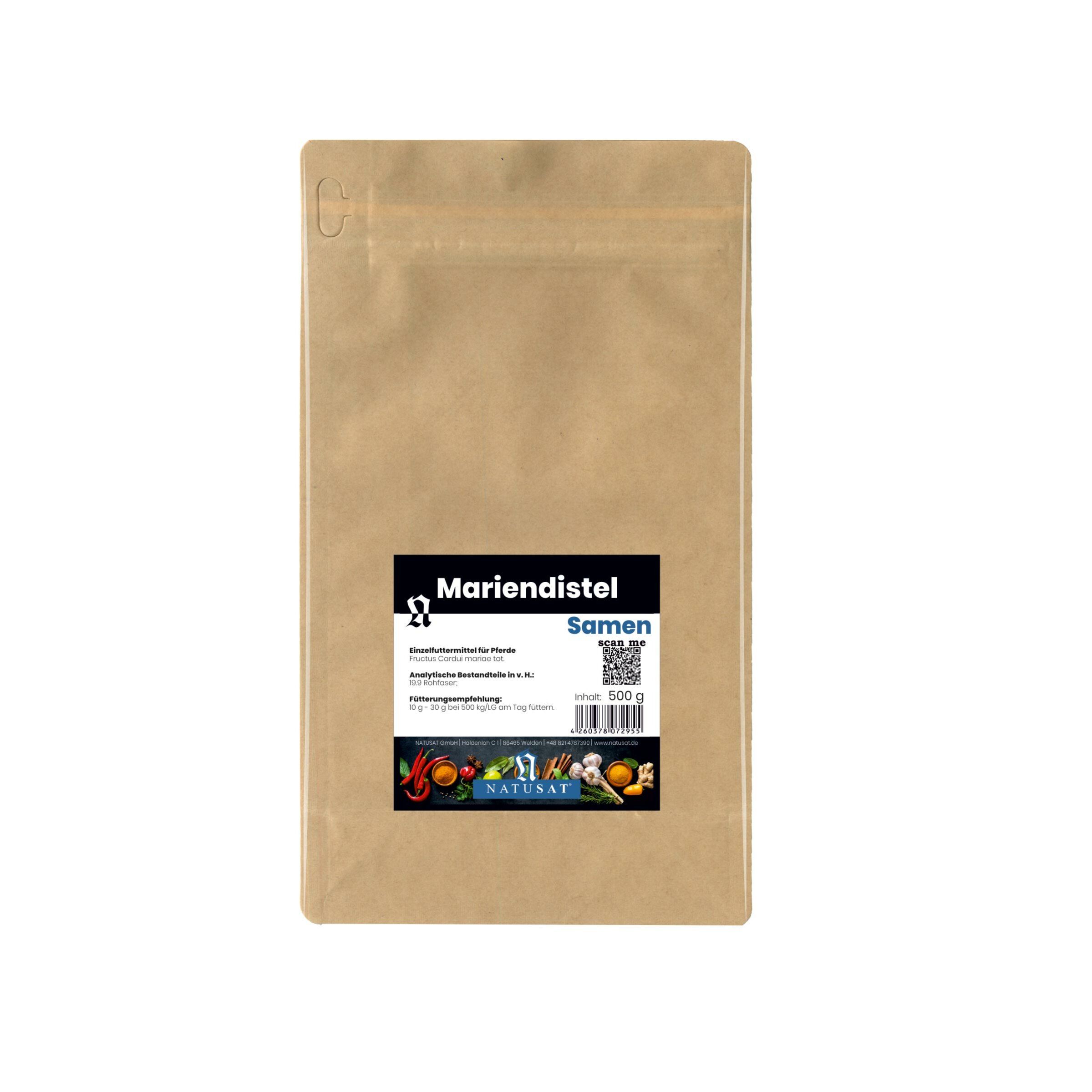 Braune Papiertüte mit Mariendistelsamen. Text: Mariendistel Samen. 500g. Logo und Produktinformationen.