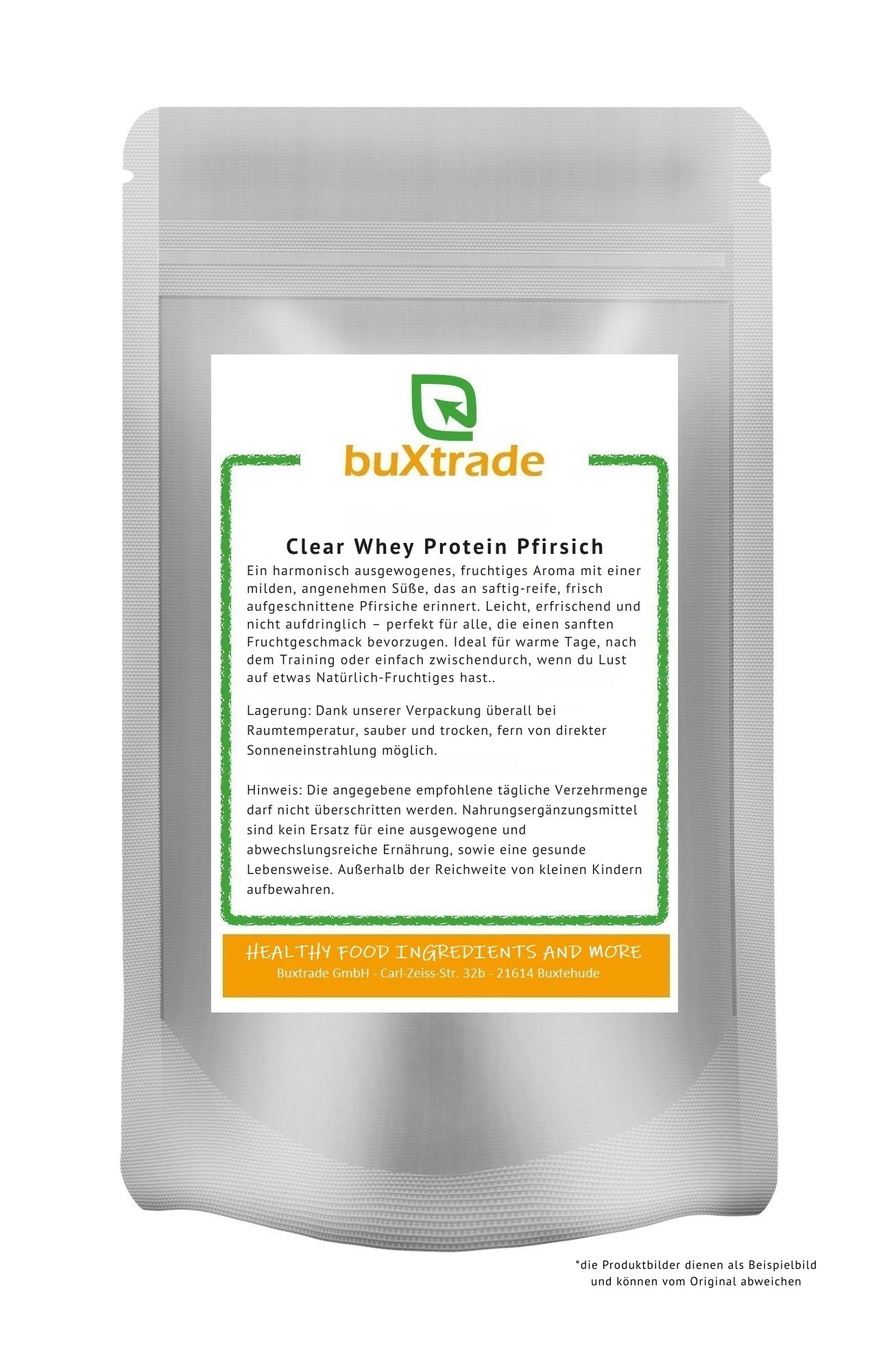 Beutel mit Aufdruck. Aufschrift: buXtrade Clear Whey Protein Pfirsich. Text in Grün und Orange. Produkt für gesunde Ernährung.