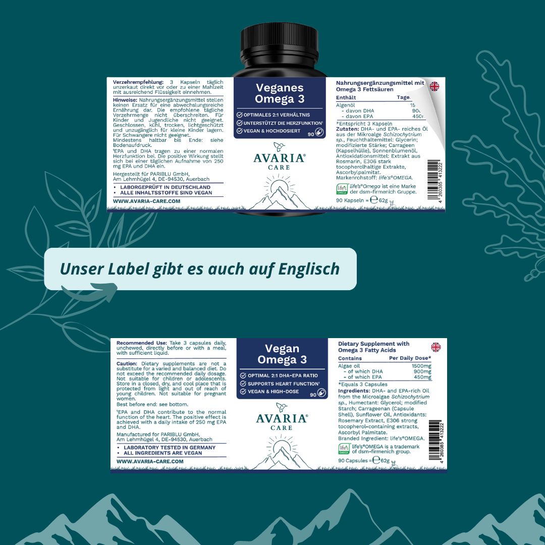 AVARIA CARE® Veganes Omega 3 – hochdosiert – 450mg EPA & 900mg DHA – life's® OMEGA
