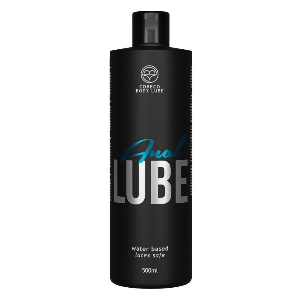 Schwarze Flasche mit "Anal Lube"-Aufschrift. "Water based latex safe" und "500ml" sind ebenfalls sichtbar.