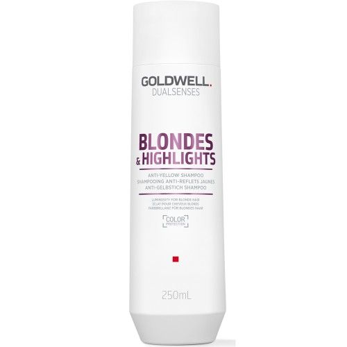 Weiße Flasche mit lila Aufschrift Goldwell Blondes & Highlights Anti-Gelbstich Shampoo. 250ml. Color Protection.