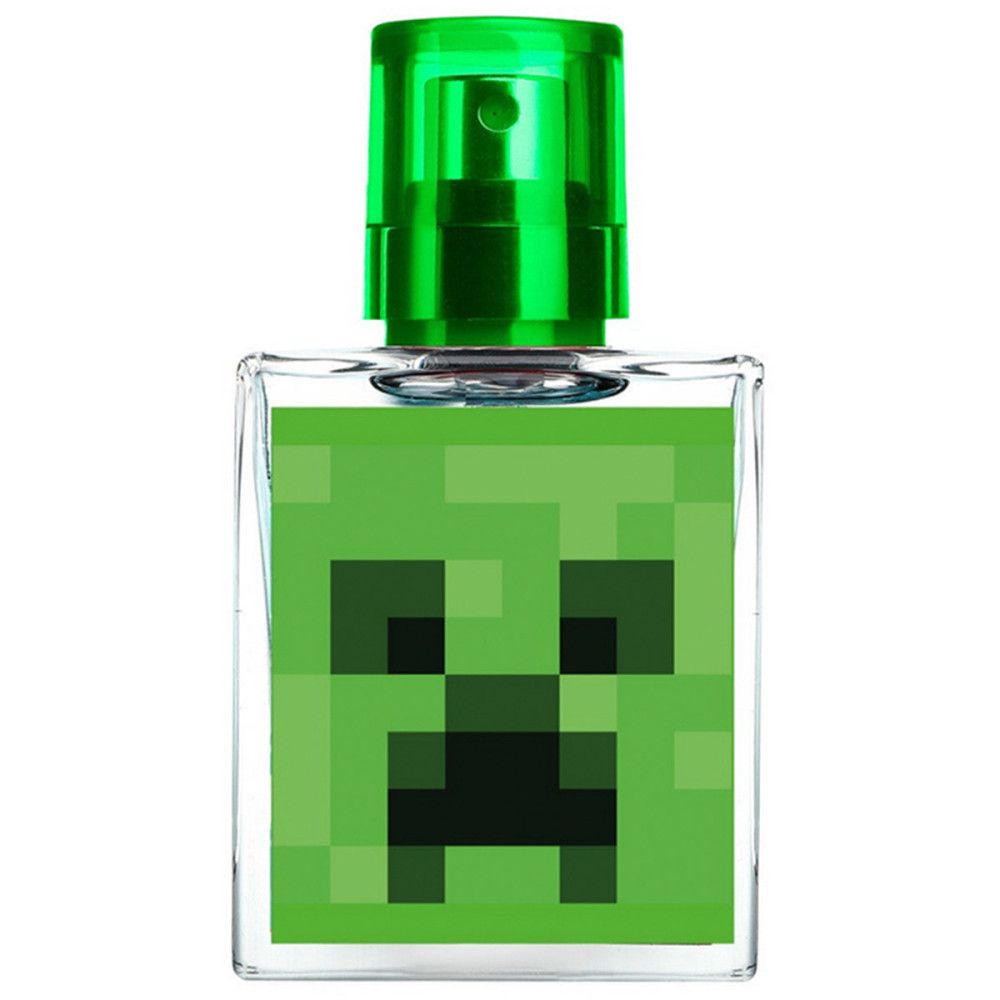 Quadratischer Flakon Eau de Toilette mit grünem Sprühkopf. Grünes Creeper-Gesicht auf dem Flakon.