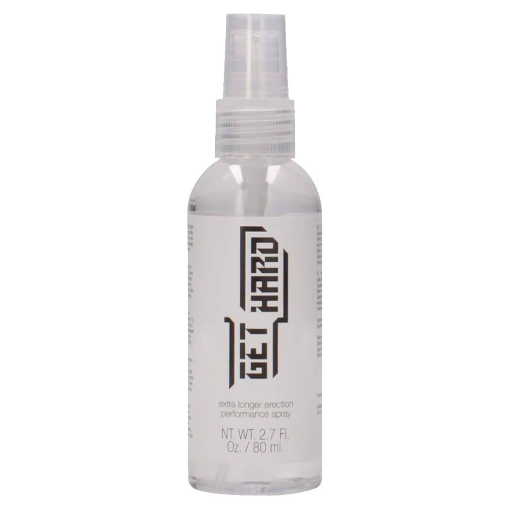Transparente Flasche mit Sprühkopf. Aufschrift "GET HARD". Text darunter: "extra longer erection performance spray".