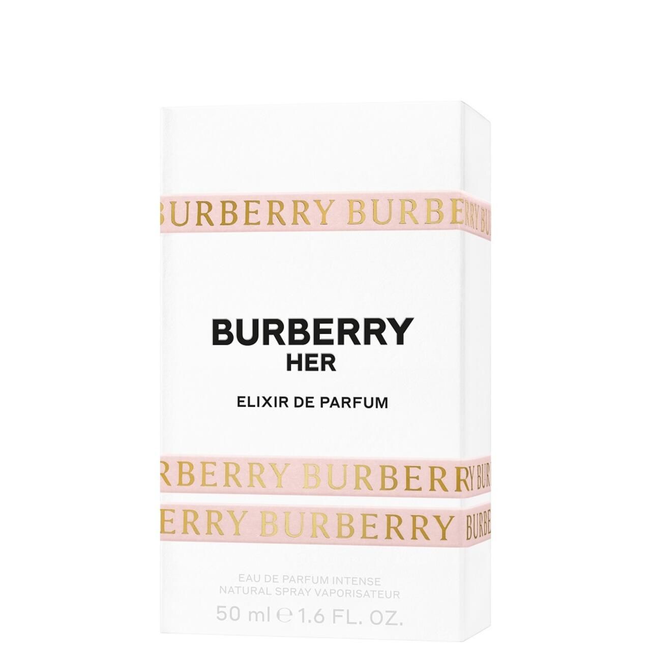 Burberry Her Elixir Eau de Parfum Verpackung. Weiß mit rosa Burberry-Schriftzug. Schwarzer Schriftzug.