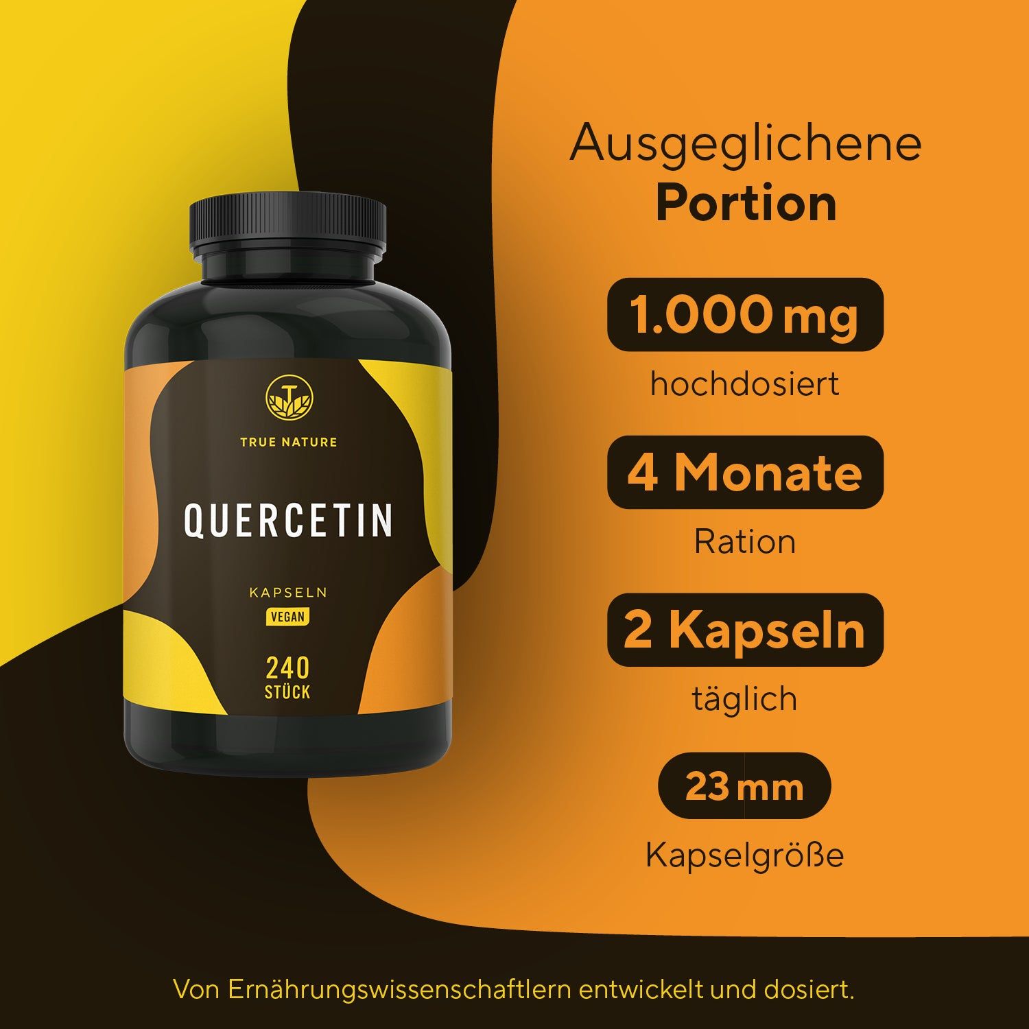 Dose TRUE NATURE Quercetin Kapseln, 1000 mg, 240 Stück, 4 Monate Ration, 2 Kapseln täglich, 23 mm Kapselgröße.