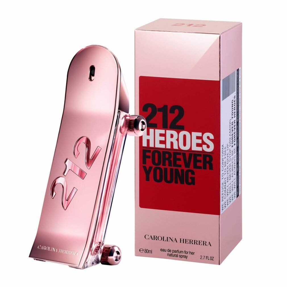 Rosafarbener Flakon in Skateboard-Form und rosa Verpackung. Aufschrift: 212 HEROES FOREVER YOUNG. Marke: CAROLINA HERRERA.