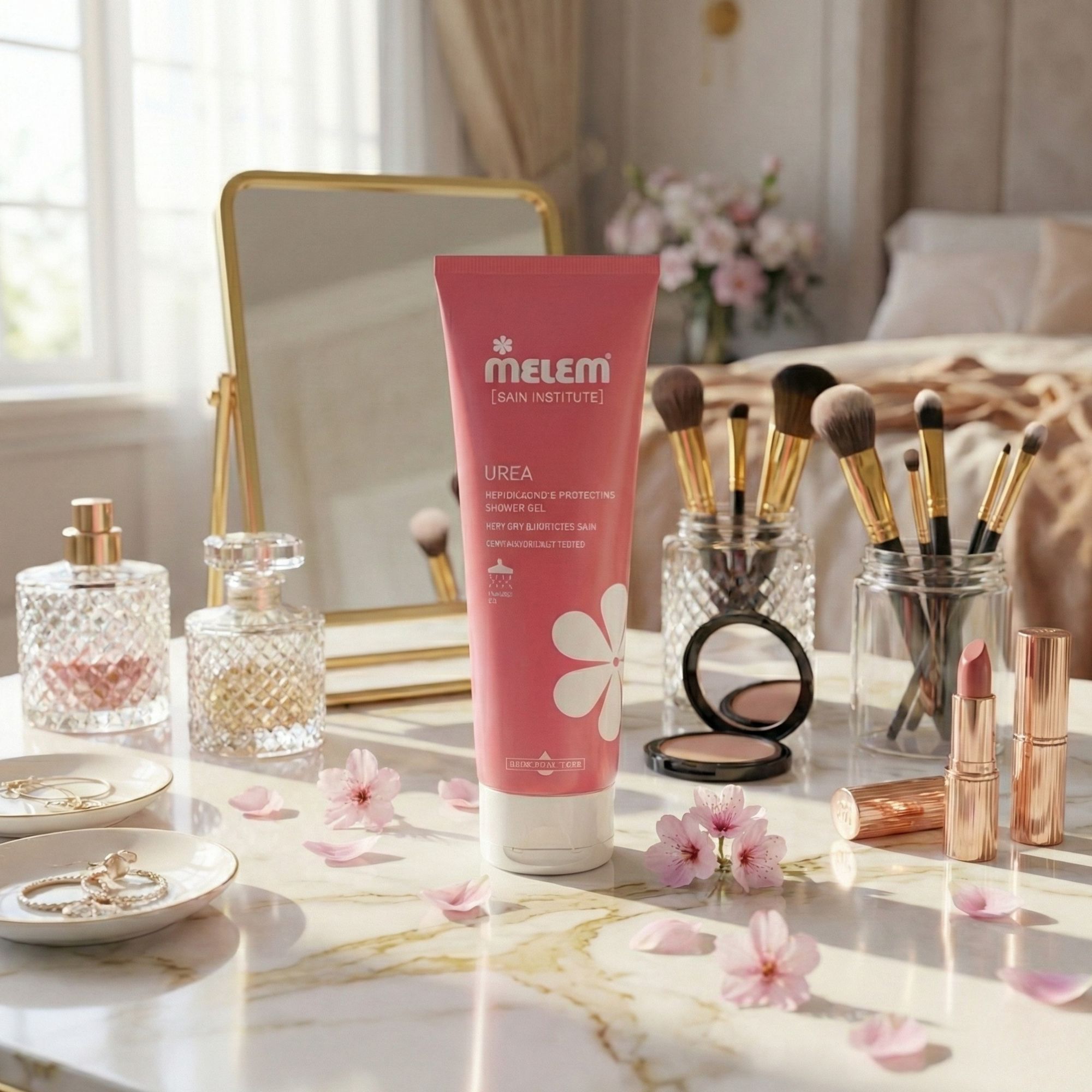 Rosa Tube mit weißem Deckel. Aufschrift: Melem, Urea. Blüte-Dekor. Auf einem Tisch mit Schminkutensilien und Schmuck platziert.