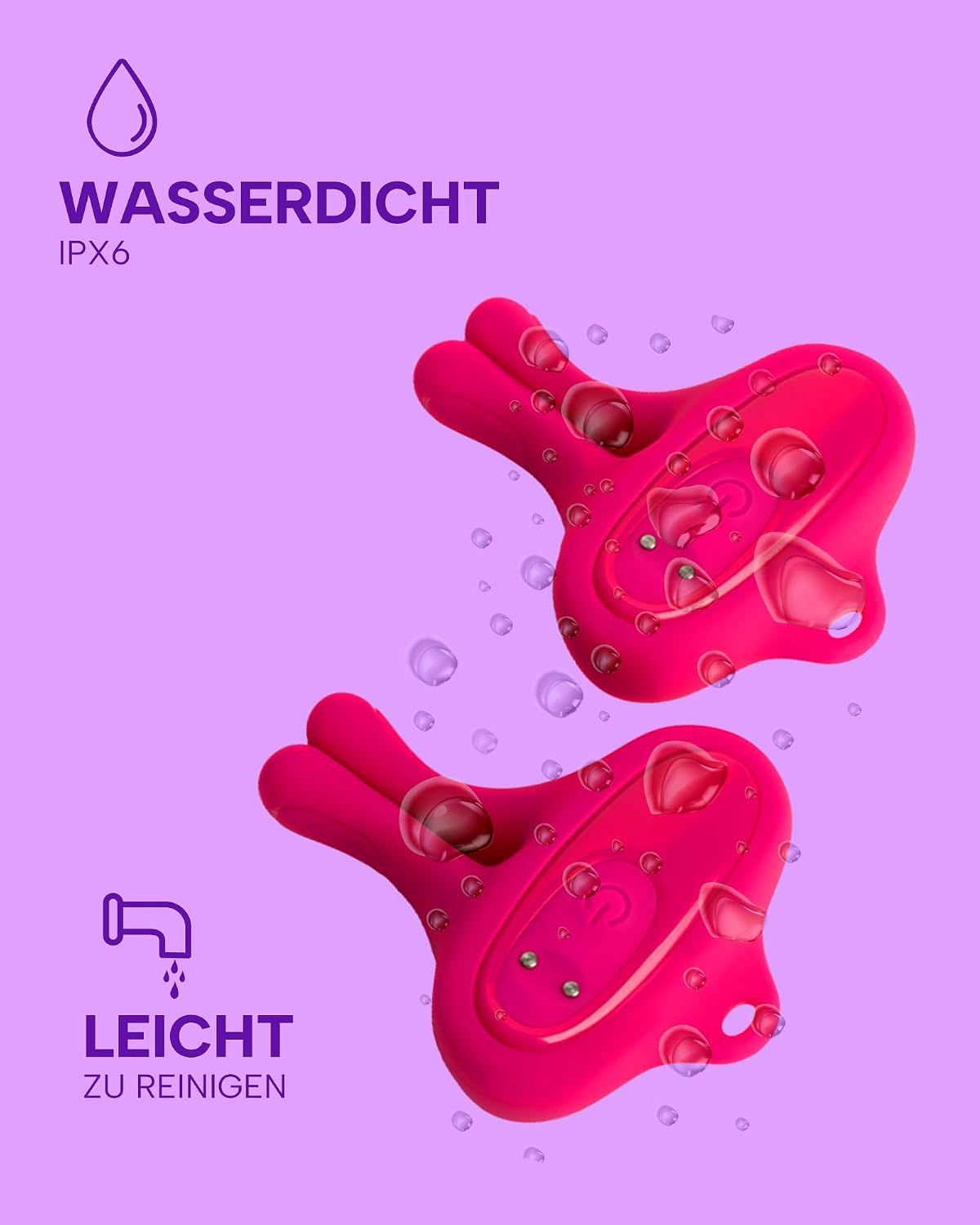 Zwei pinke Vibratoren mit Wassertropfen, IPX6 wasserdicht und leicht zu reinigen.