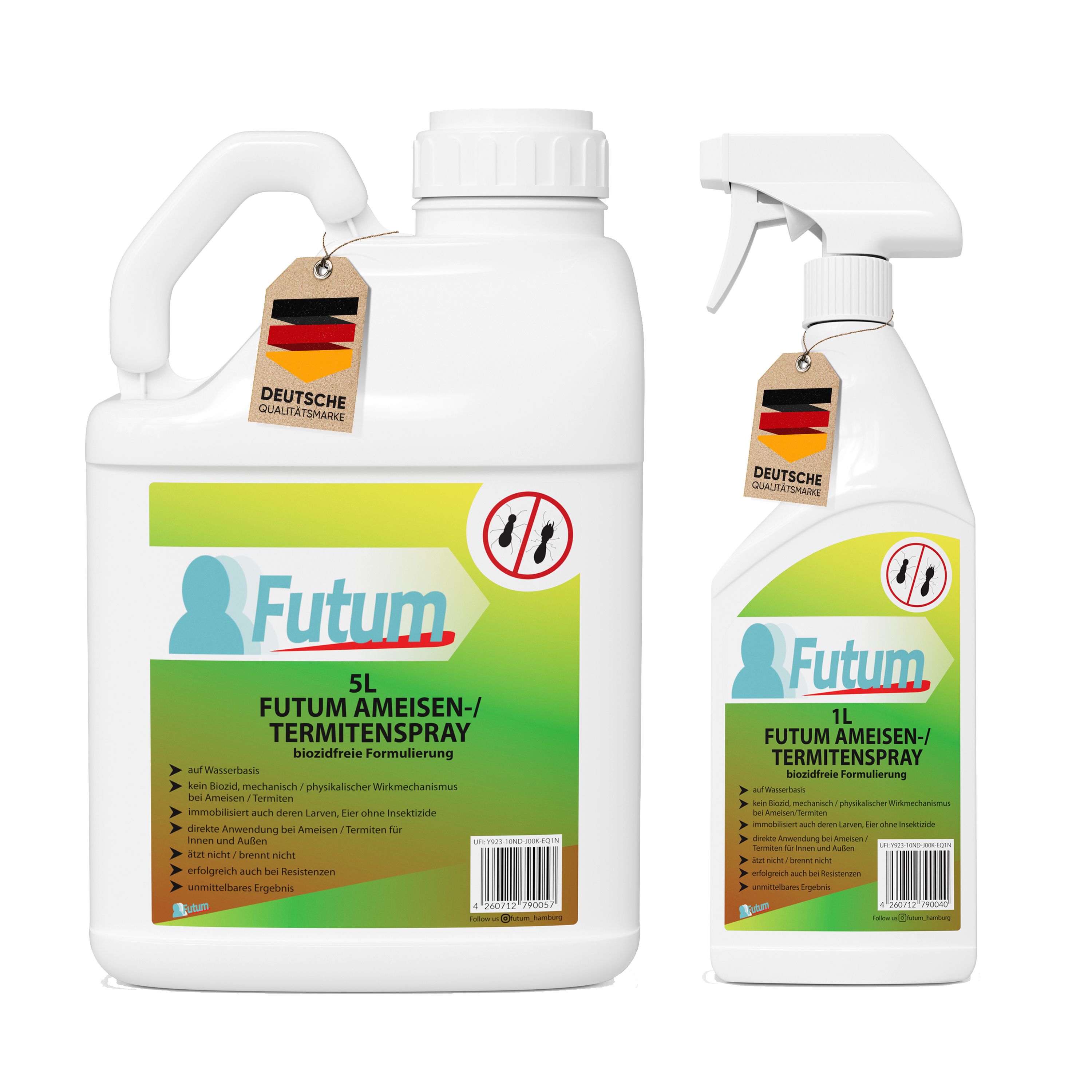 Zwei weiße Flaschen FUTUM Ameisen-/Termitenspray. Eine 5L-Kanister mit Griff und eine 1L-Sprühflasche. Beide mit Etiketten und deutschem Qualitätssiegel.