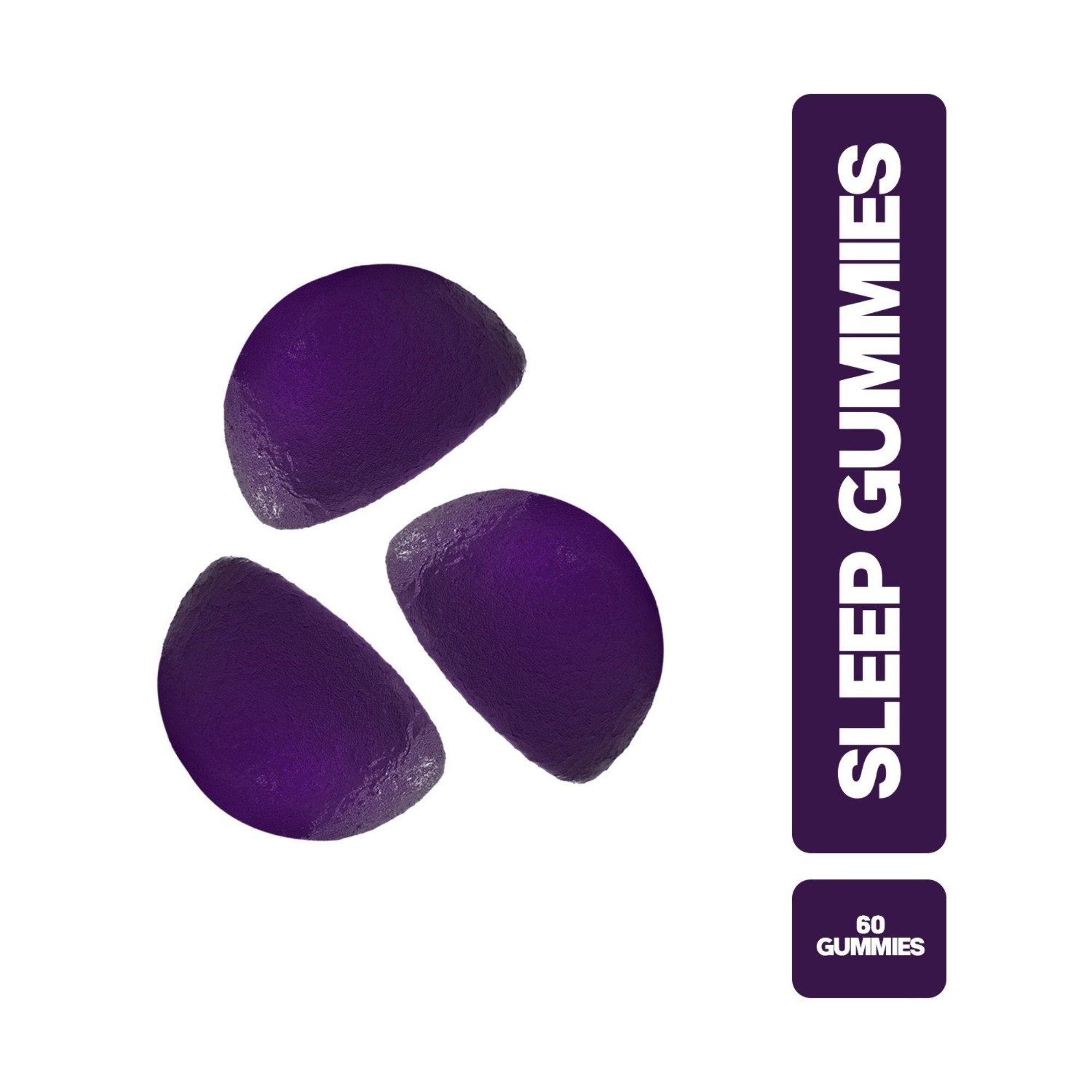 Drei lila Vita Ceel Sleep Gummies neben einem vertikalen Streifen mit Produktinformationen.