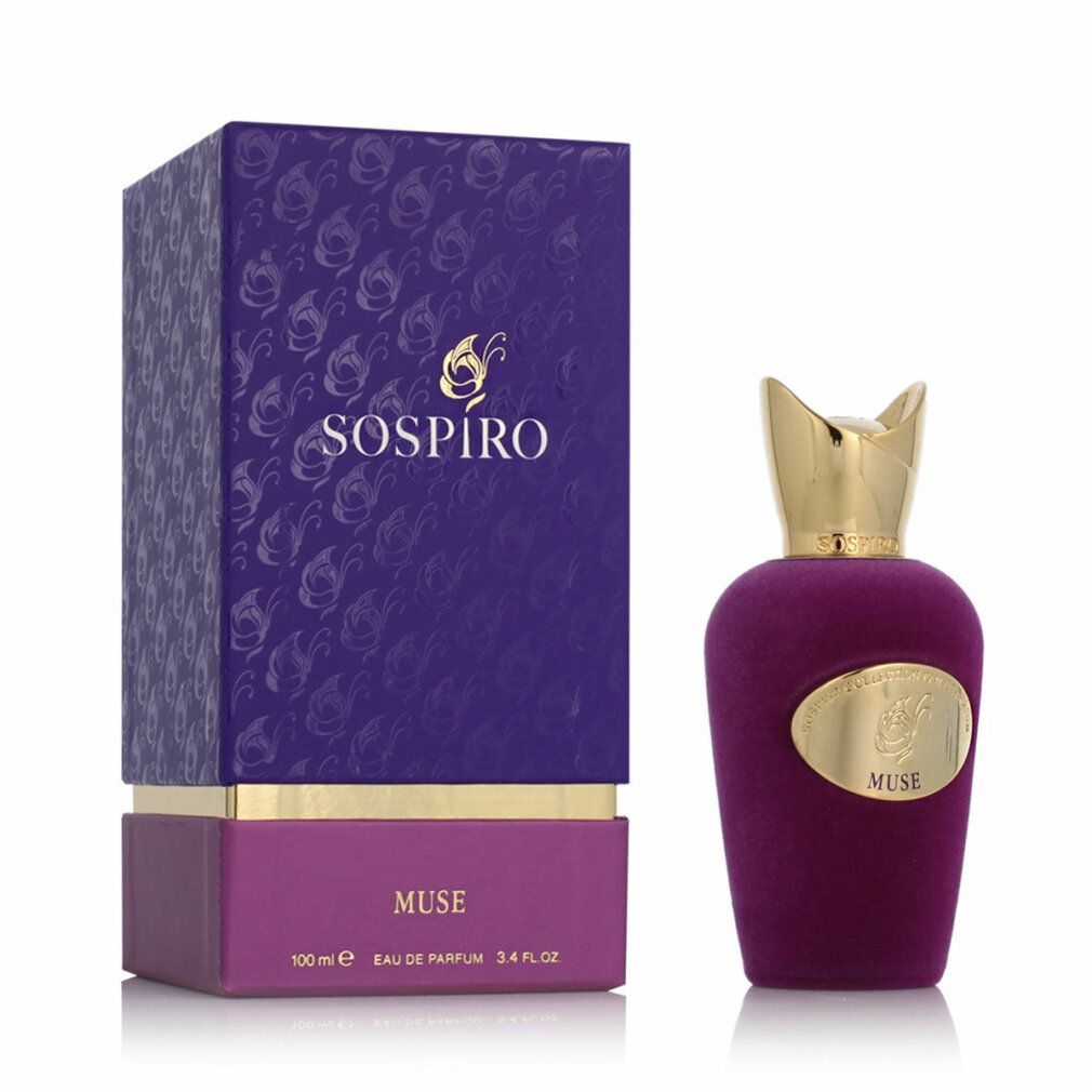 Lila Schachtel mit goldfarbenem Boden und Flakon. Aufschrift "SOSPIRO" und "MUSE".