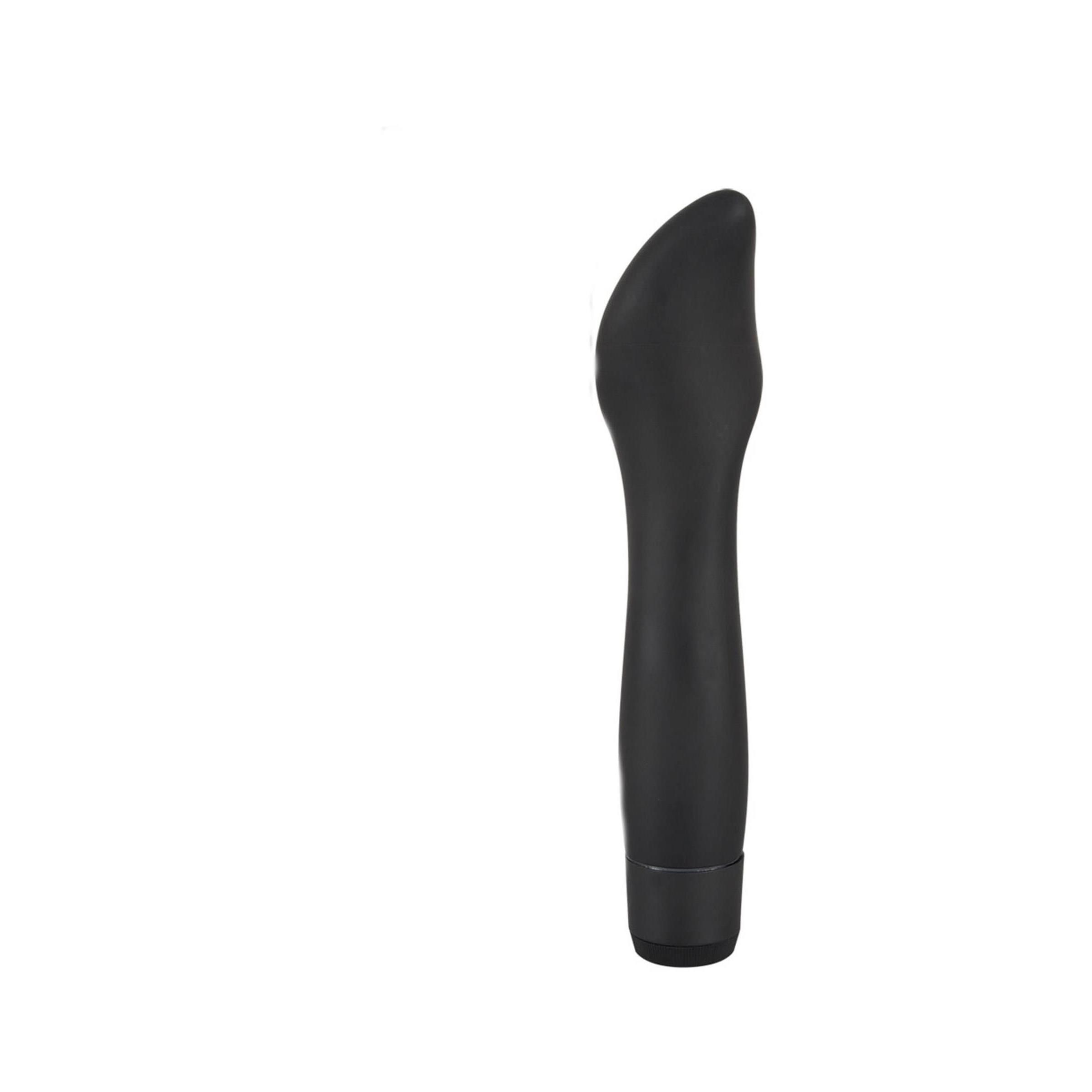 Schwarzer Vibrator mit geschwungener Form. Aufrecht stehend.