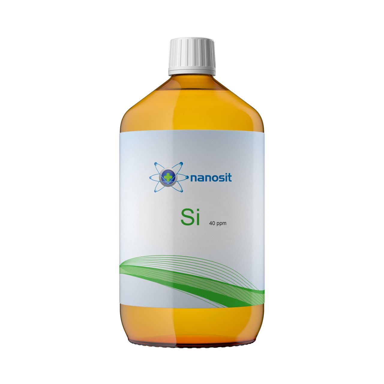 Braune Flüssigkeit in einer Flasche mit weißem Etikett. Aufschrift: nanosit, Si 40 ppm. Weißer Schraubverschluss.