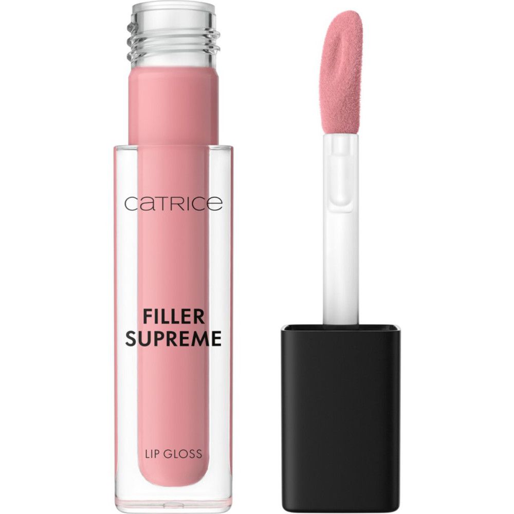 Catrice Filler Supreme Lipgloss-Tube und Applikator. Rosa Inhalt, schwarzer Deckel.
