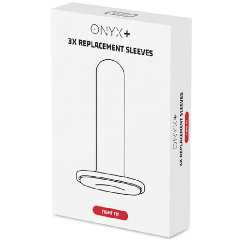 Verpackung für 3 Onyx+ Ersatzabdeckungen, weiß, mit schematischer Darstellung.