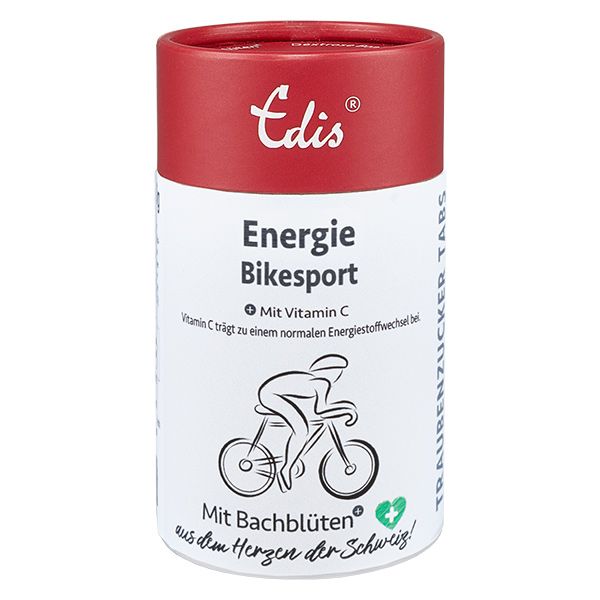 Rote Dose mit weißer Aufschrift 'Edis Energie Bikesport'. Ein Fahrradfahrer-Symbol und Text 'Mit Bachblüten' sind ebenfalls abgebildet.
