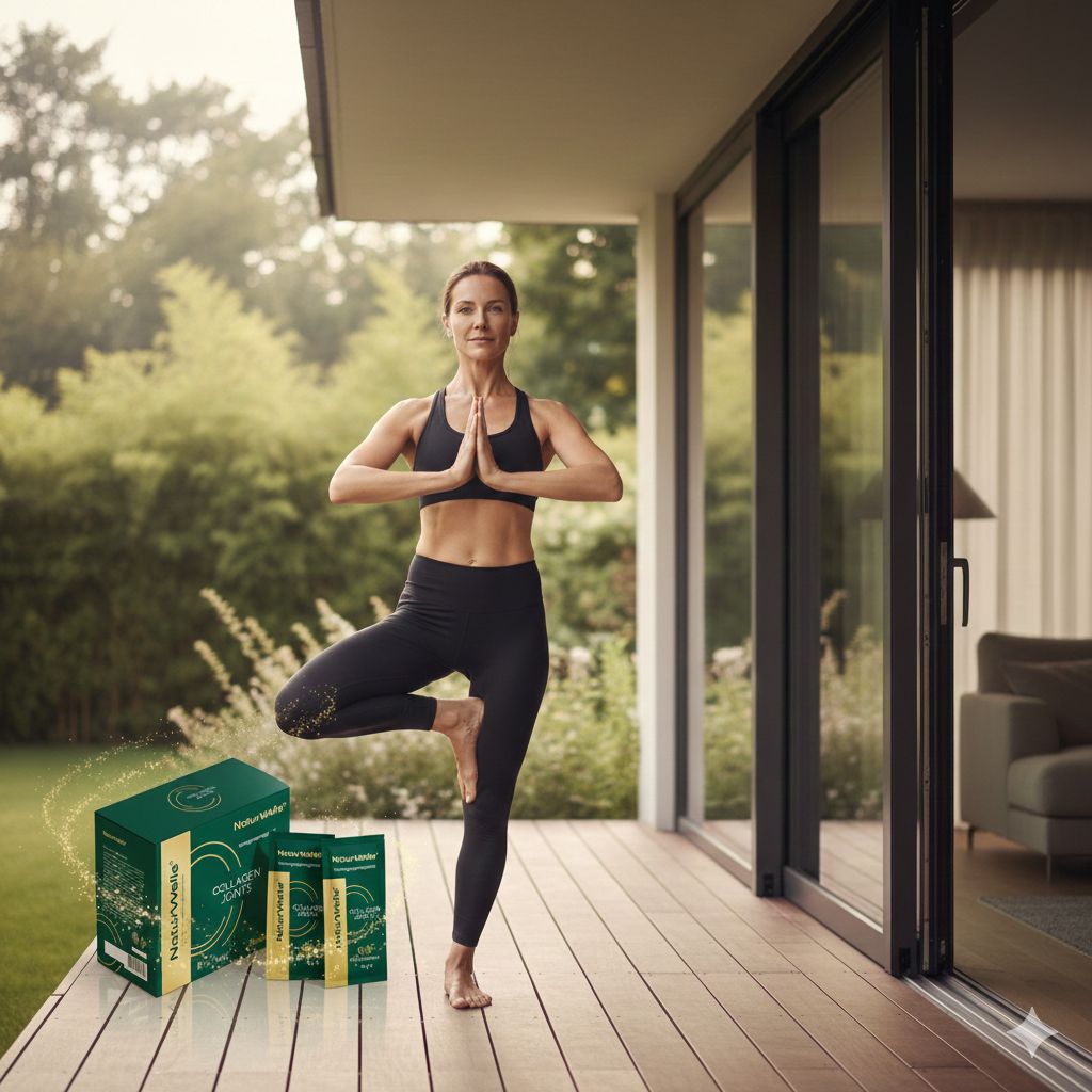 Eine Frau praktiziert Yoga auf einer Holzterrasse. Links: Produktverpackung und Einzelverpackungen von NaturWelle Collagen Joints.