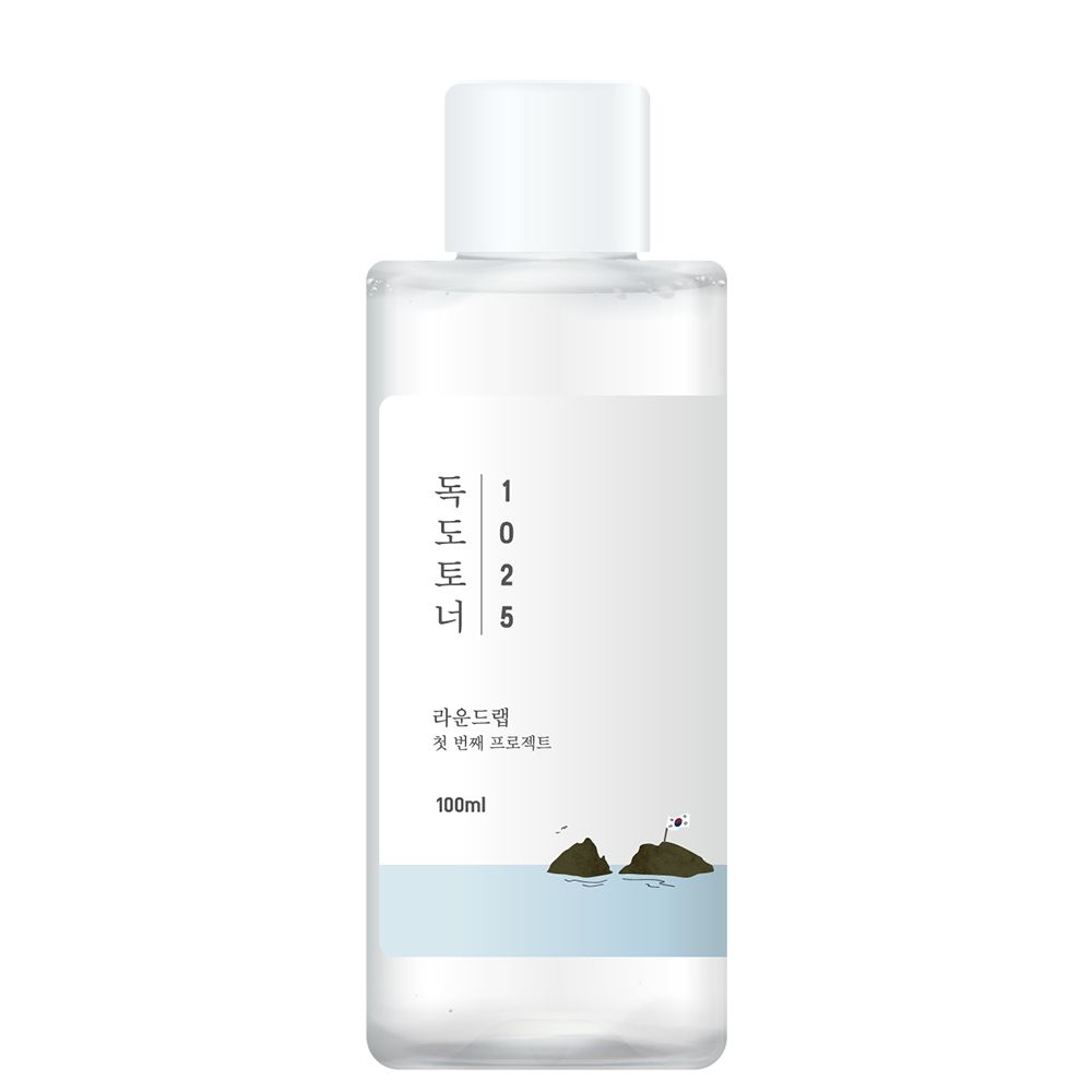 ROUND LAB 1025 Dokdo Toner Flasche mit weißem Etikett und maritimen Design.