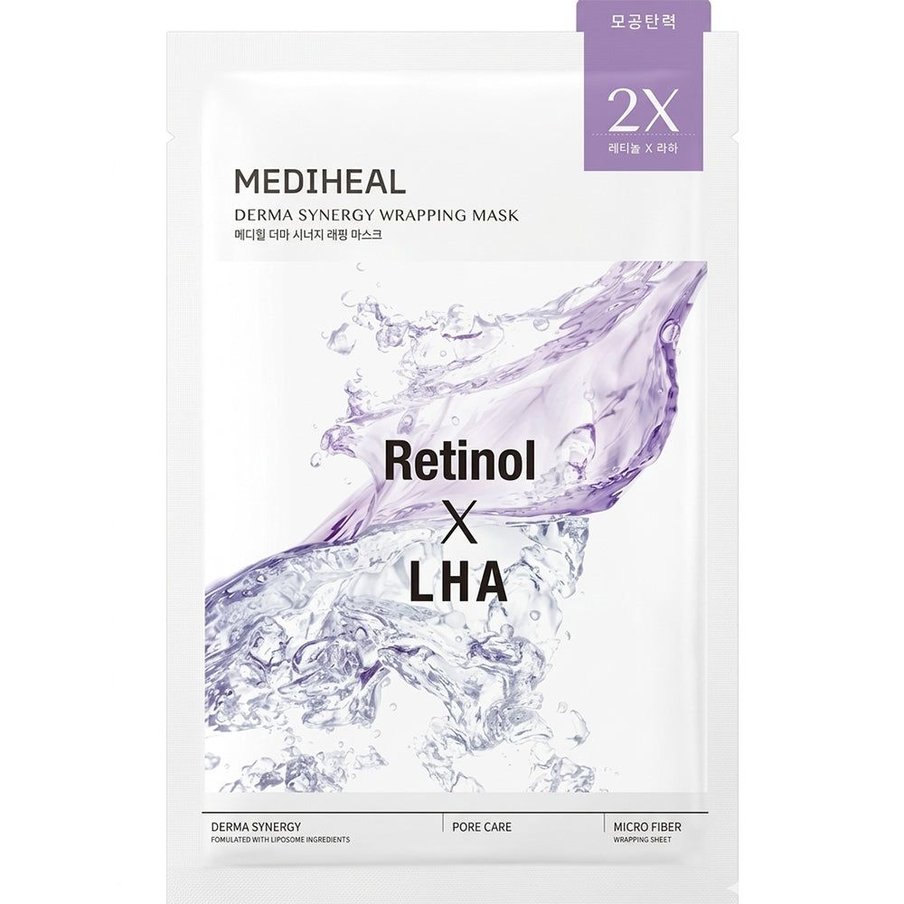 Verpackung der MEDIHEAL Derma Synergy Wrapping Maske. Enthält Retinol und LHA. Mit koreanischem Text.