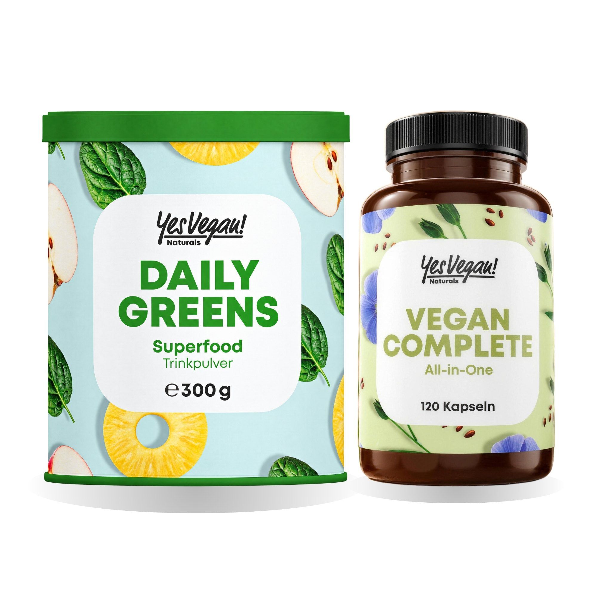 Dose Daily Greens Superfood Trinkpulver (300g) und Flasche Vegan Complete All-in-One Kapseln (120 Stk).