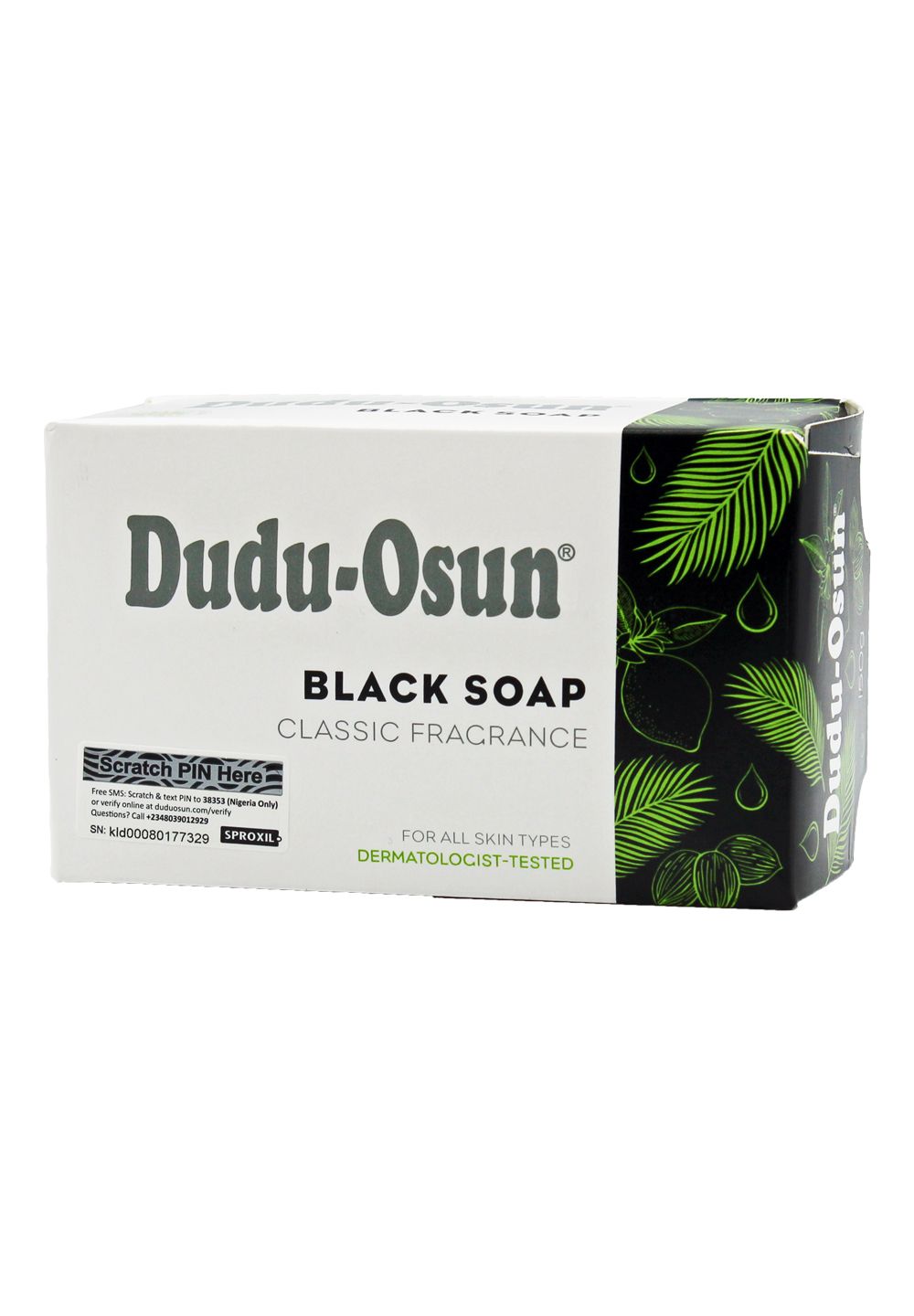 Dudu-Osun Schwarze Seife Classic Fragrance Verpackung. Dermatologisch getestet.