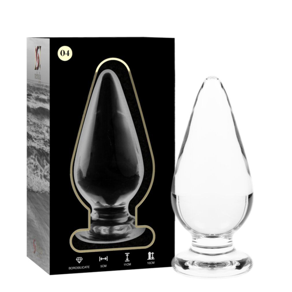 Analplug aus Glas, transparent. Mit Verpackung. Auf der Verpackung: Borosilikatglas, Maße.