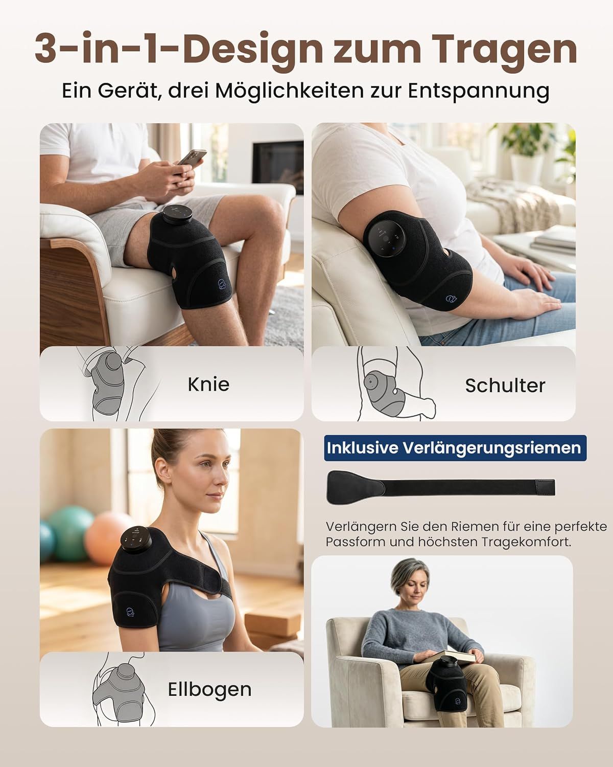 Ein Gerät für Knie, Schulter und Ellbogen mit 3 Anwendungsmöglichkeiten und Verlängerungsriemen.