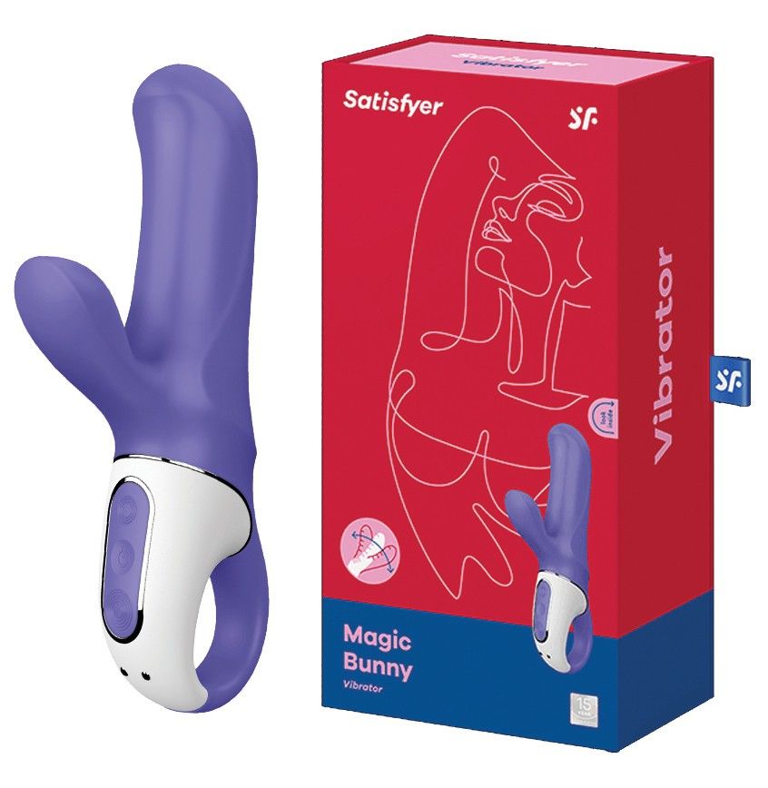 Produktverpackung. Roter Karton mit Produktabbildung und Text: Satisfyer, Magic Bunny.