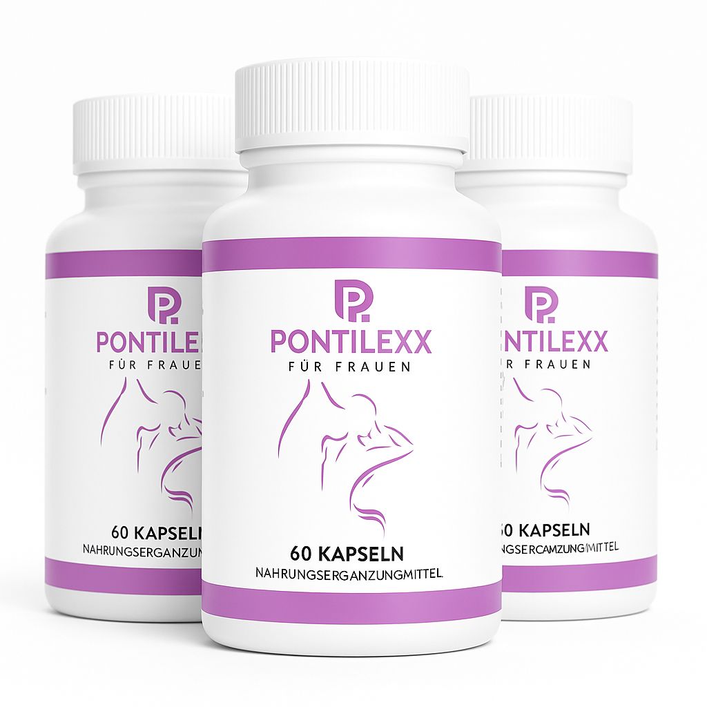 Drei weiße Flaschen mit lila Etiketten. Aufschrift: Pontilexx für Frauen, 60 Kapseln. Nahrungsergänzungsmittel.