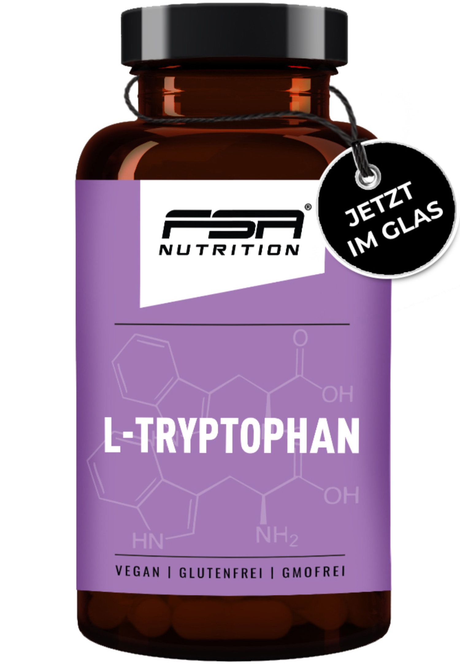 Braune Glasflasche mit schwarzem Deckel. Aufkleber mit weißem Text: L-Tryptophan. Label mit FSA Nutrition Logo und Text. Anhänger mit Text: JETZT IM GLAS.