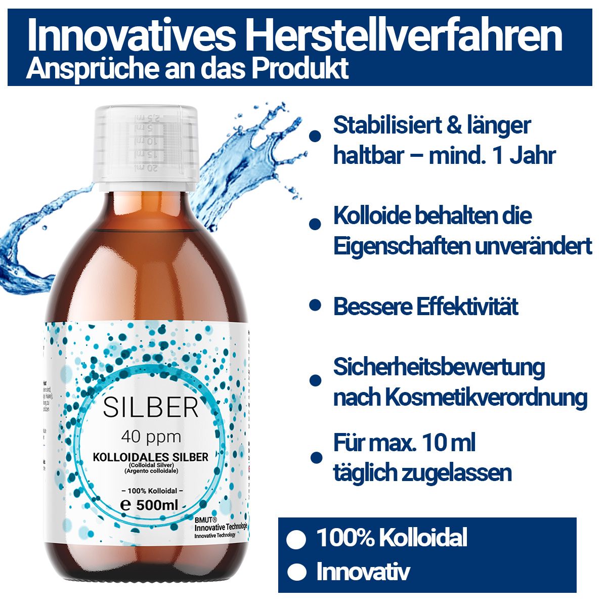 Produkt mit Text. Enthält: Stabilisiert & länger haltbar, Kolloide behalten Eigenschaften, bessere Effektivität, Sicherheitsbewertung.
