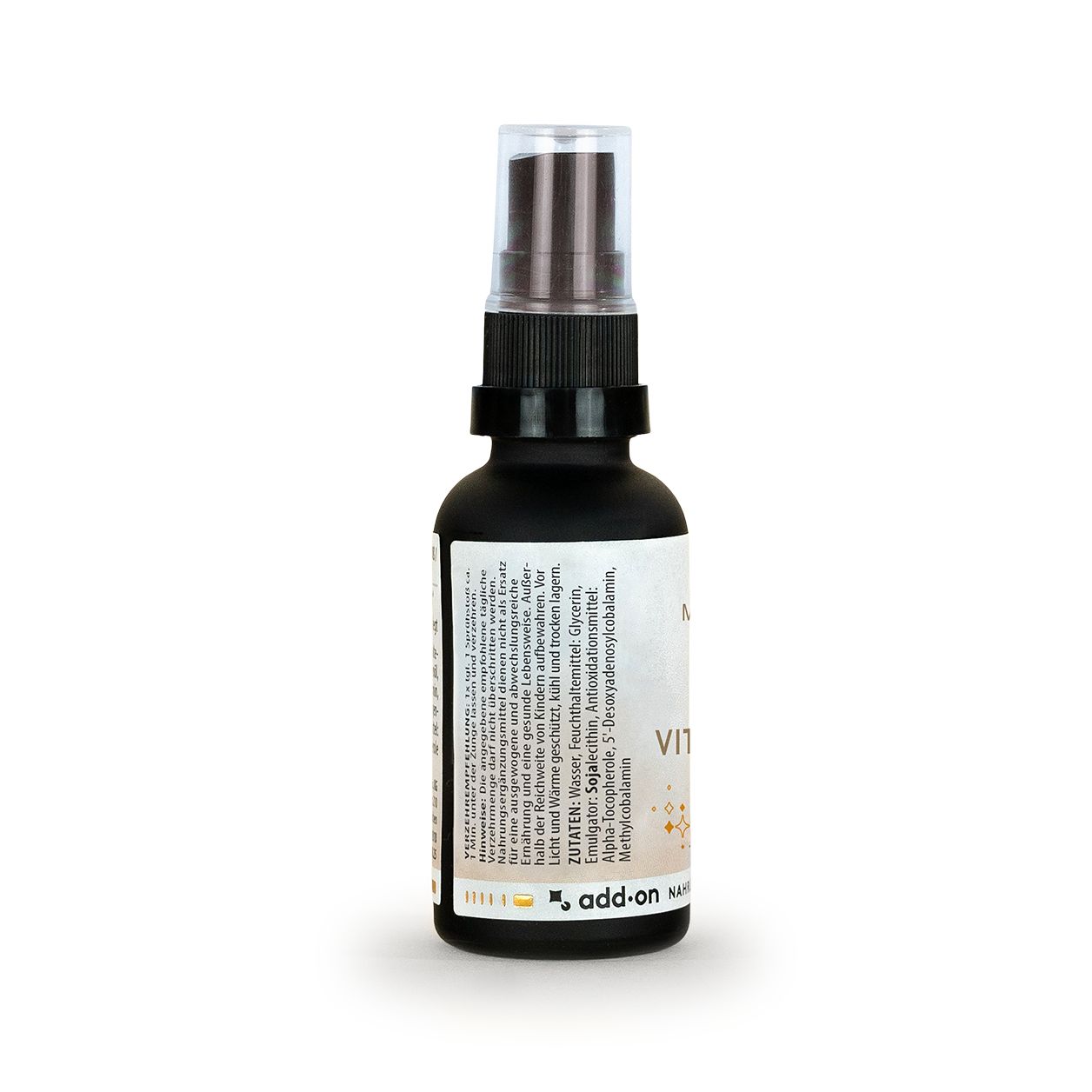Seite MITOcare Vitamin B12 Lipo Spray Flasche mit Zutatenliste und Anwendungshinweisen.