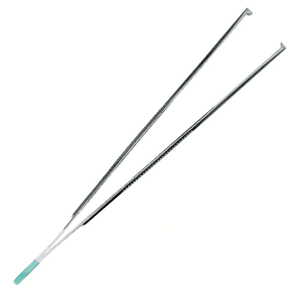 Gerade anatomische Pinzette aus Metall mit feiner Spitze und blauem Griffschutz.