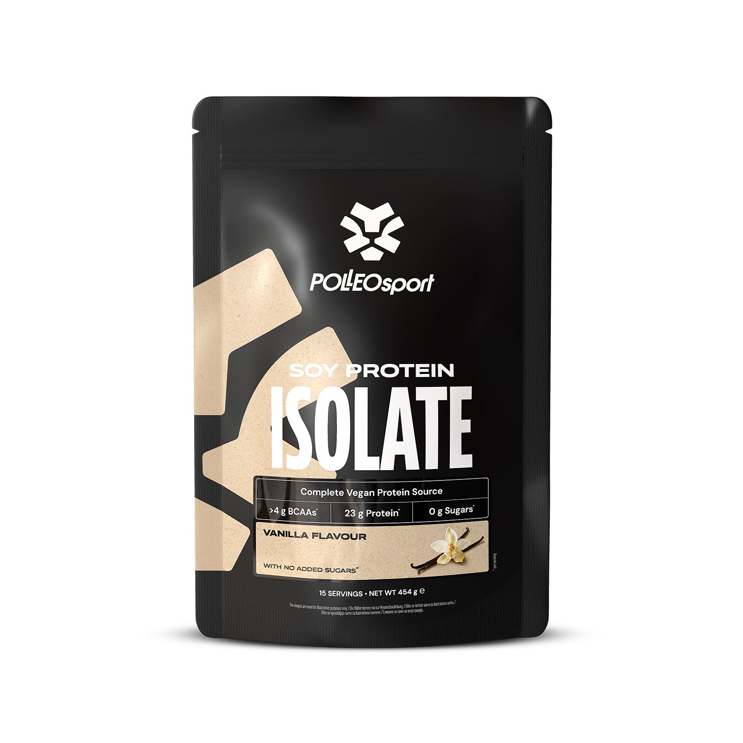 Schwarze Verpackung mit PolleoSport-Logo und Aufschrift SOY PROTEIN ISOLATE. Enthält 14g BCAAs, 23g Protein, 0g Zucker. Vanille-Geschmack.