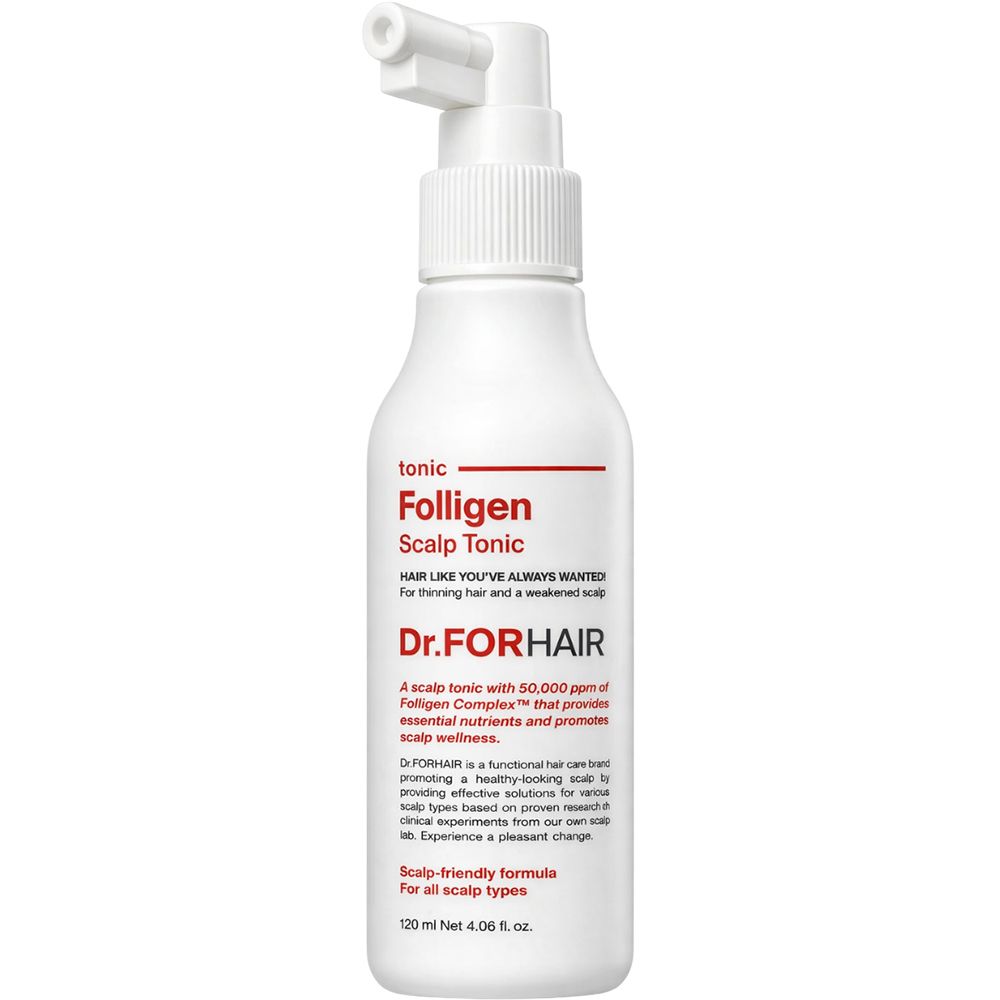 Folligen Scalp Tonic Flasche mit Applikator und Text über Inhaltsstoffe.