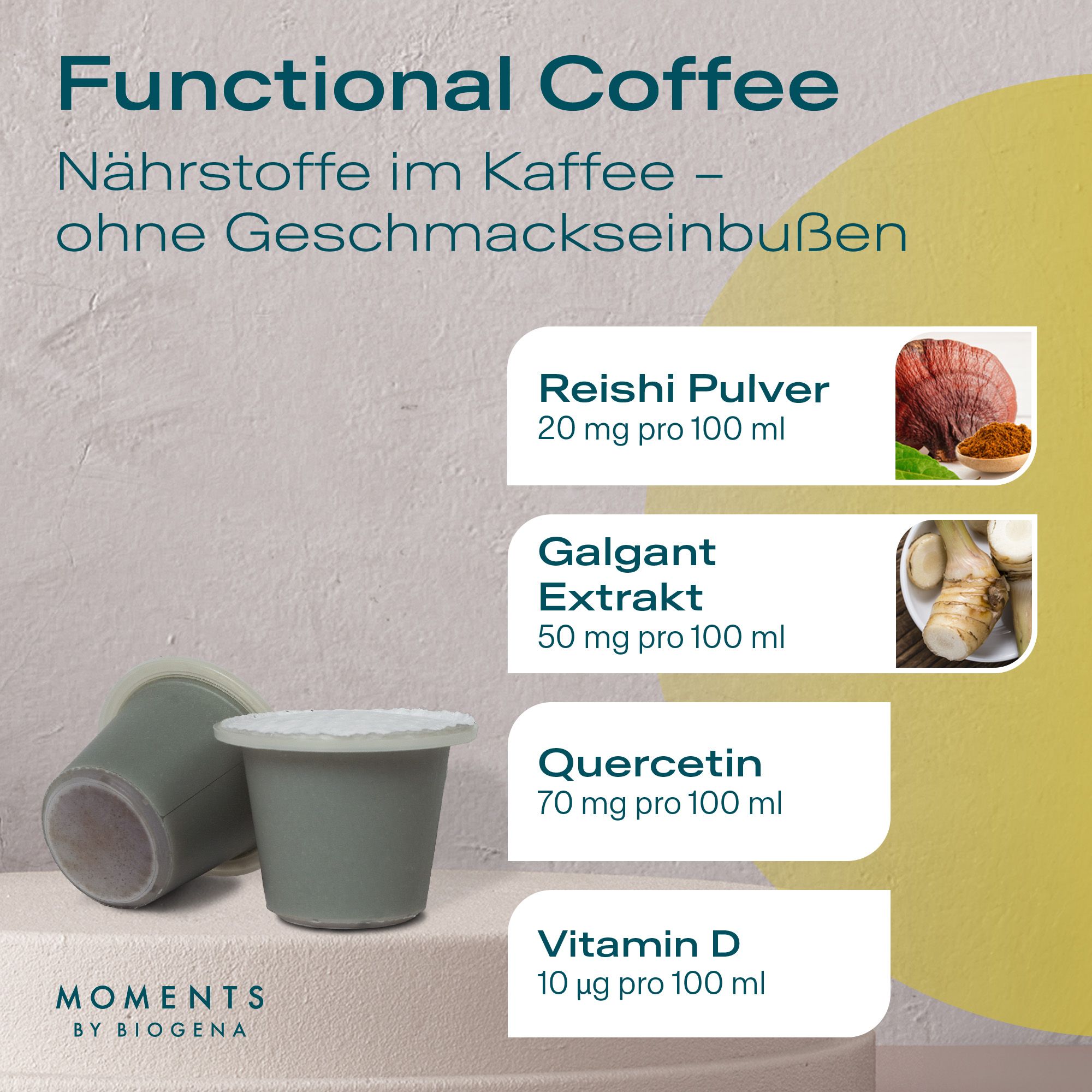 Zwei grüne Kaffeekapseln neben Informationen zu Inhaltsstoffen: Reishi, Galgant, Quercetin, Vitamin D. "Functional Coffee" und "Moments by BIOGENA".