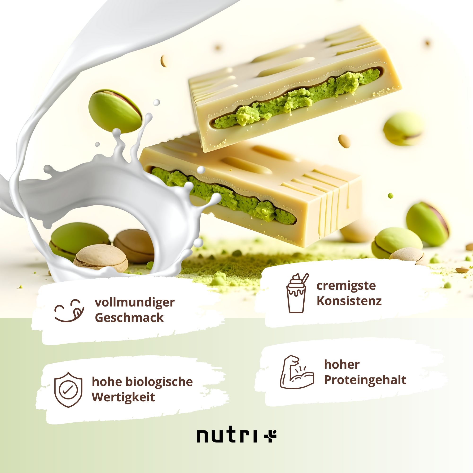 Zwei Schokoriegel mit Pistazienfüllung und Milchspritzer. Text: Vollmundiger Geschmack, cremigste Konsistenz, hohe biologische Wertigkeit, hoher Proteingehalt.