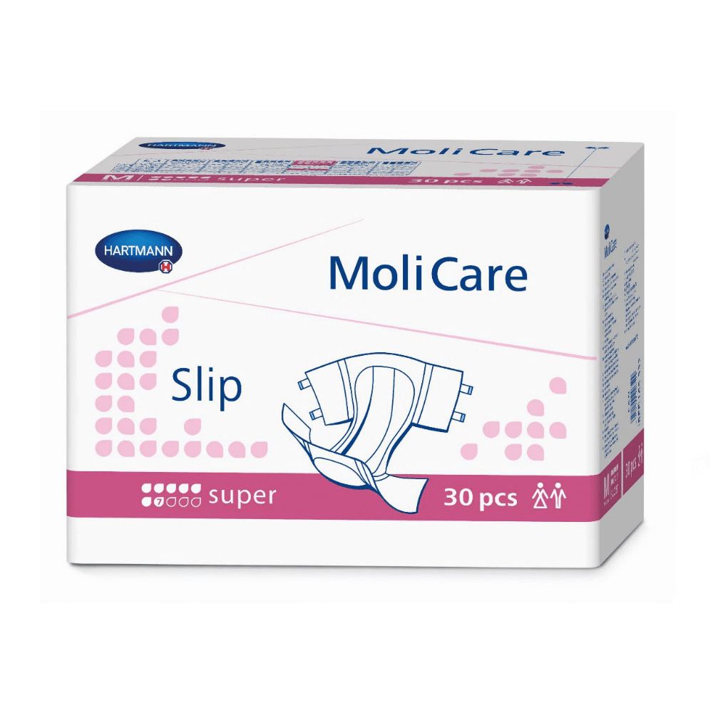 Verpackung MoliCare Slip Super, 30 Stück. Hartmann Logo und Produktabbildung sichtbar.