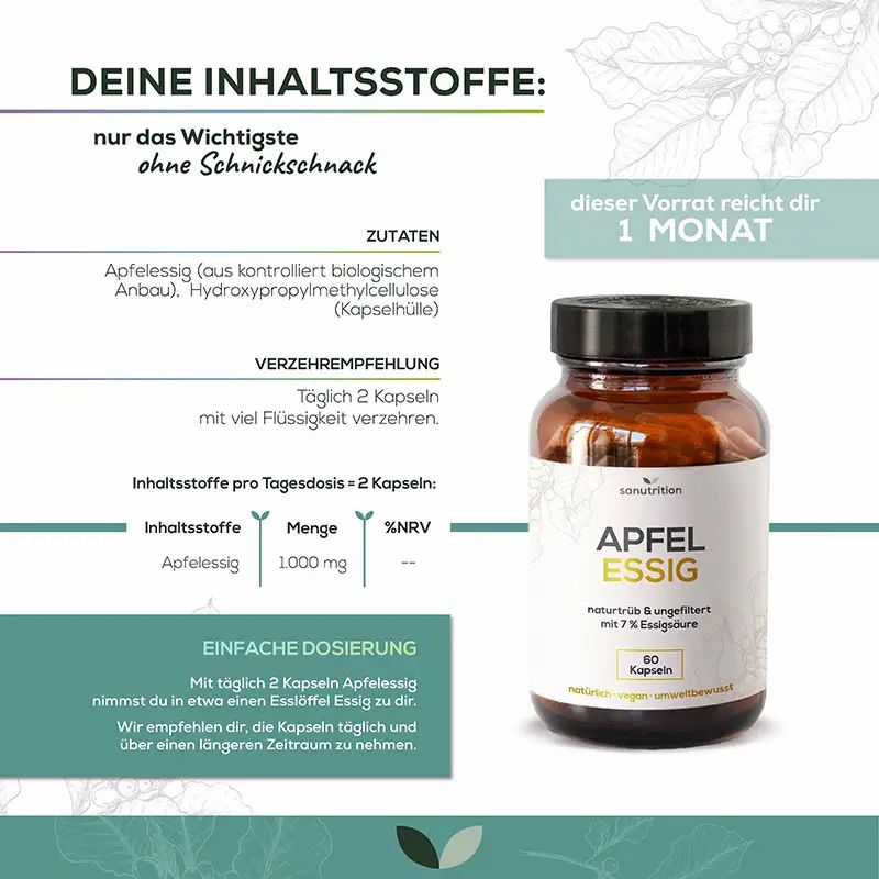 Werbung mit Produktabbildung. Braune Kapsel-Flasche mit "APFELESSIG". Text: 2 Kapseln täglich. Inhaltsstoffe: Apfelessig, Hydroxypropylmethylcellulose.