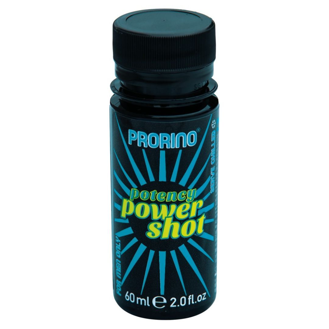 Schwarze Flasche mit schwarzem Deckel. Aufschrift PRORINO, Potency Power Shot. Blaue und gelbe Elemente. 60 ml, 2.0 fl.oz.