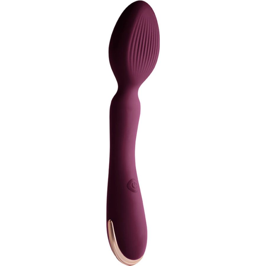Lila Vibrator mit geripptem Kopf und schlankem Griff. Goldener Akzent am unteren Ende.